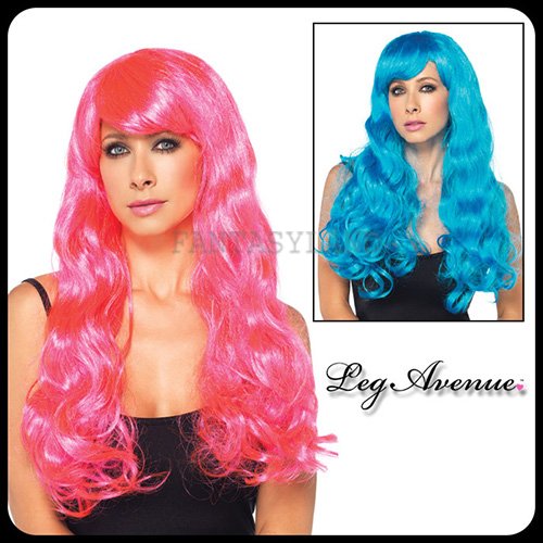 PINK OR BLUE NEON LONG WAVY WIG - Click Image to Close
