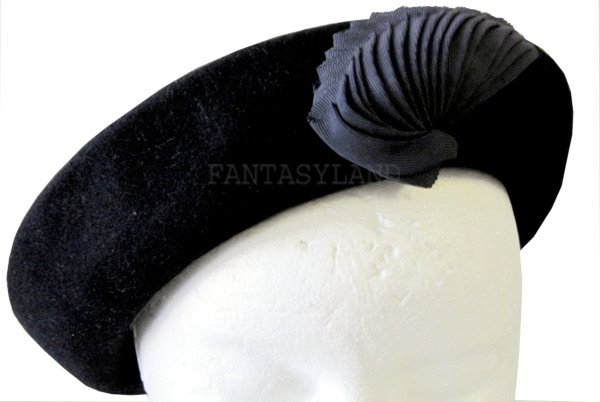 Black Felt Hat with Navy Pleated Rosette