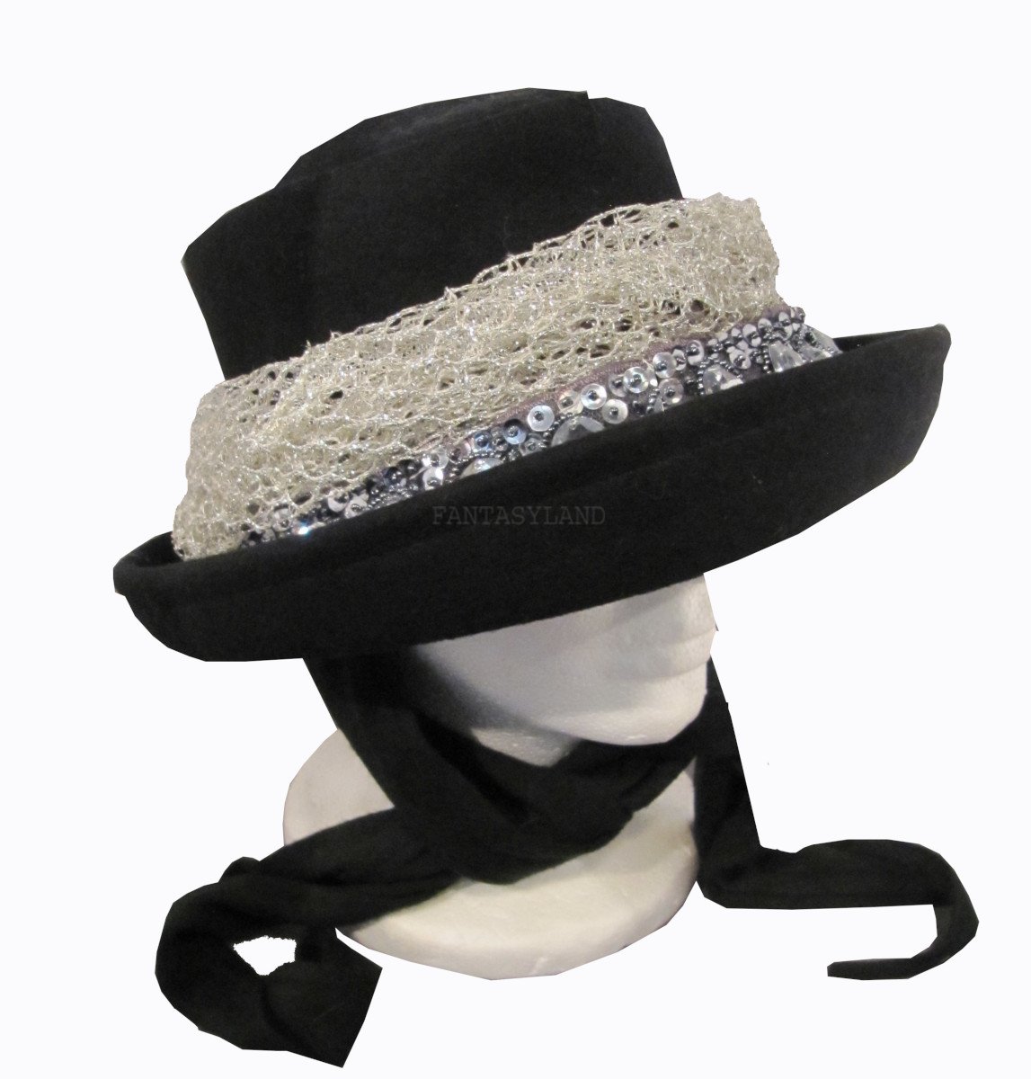 Black Felt Hat with Silver Net Trim Rhinestone Band
