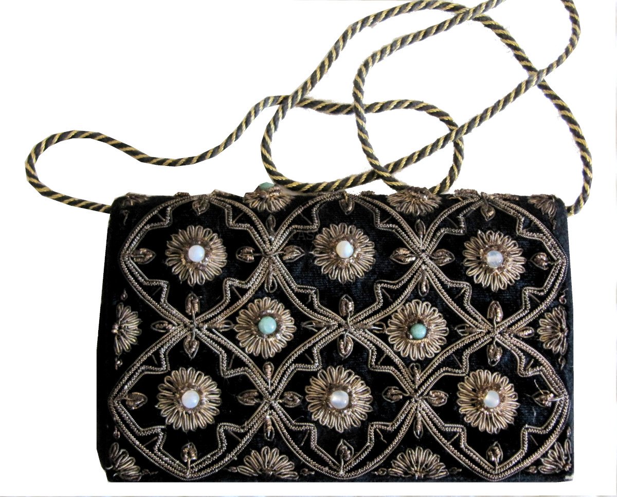 Vintage Black Velvet Purse Beaded Metal Filigree